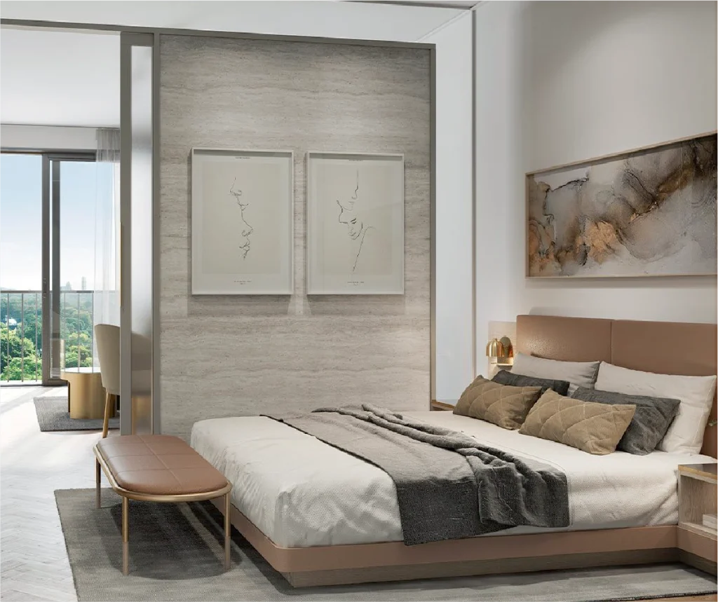 Bedroom render for an Olympus Towers apartment
