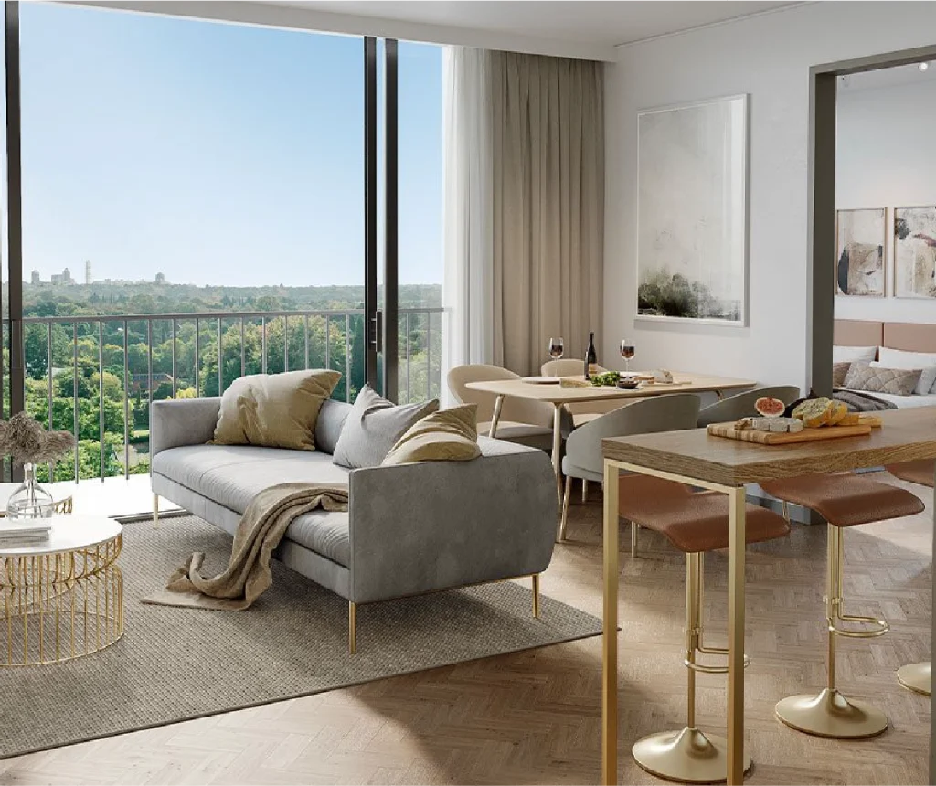 Living room render for an Olympus Towers apartment