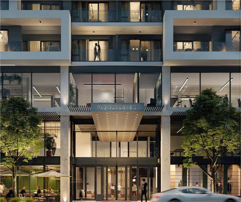 Olympus Towers exterior render, showing sky garden and pool
